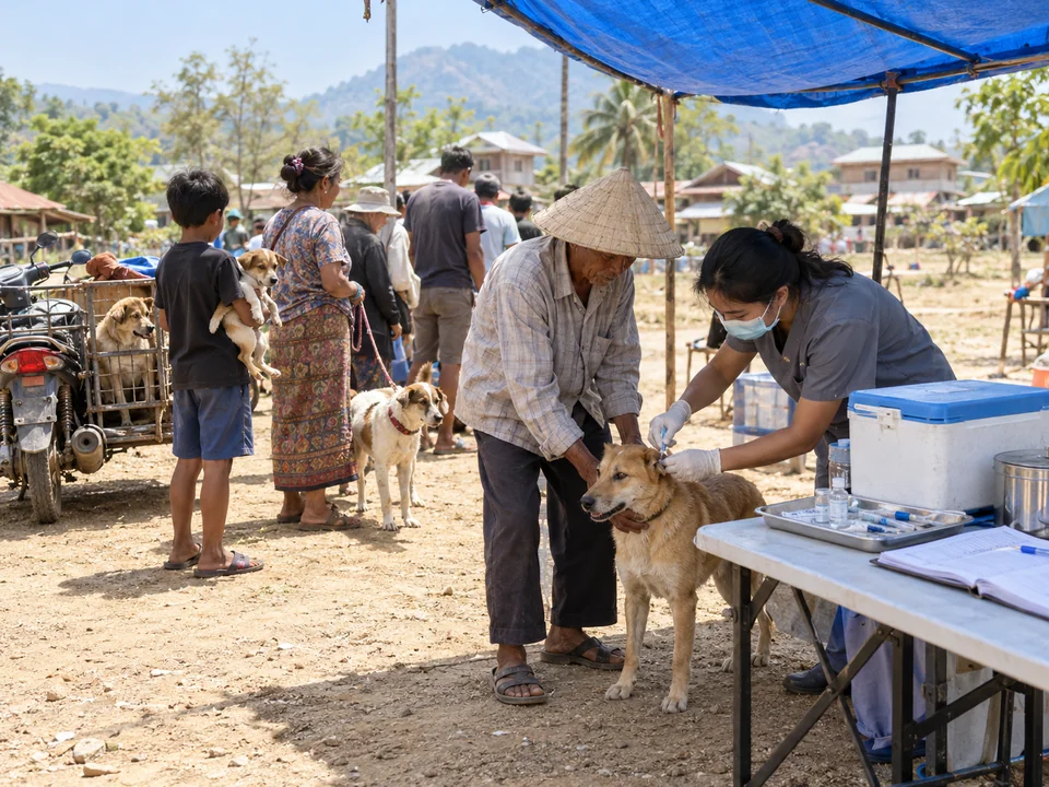 Pop-up clinic: vaccinating a line of village dogs